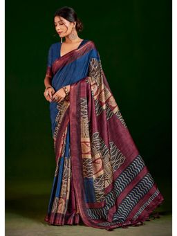 Gahan - Navy Blue Gathan Silk Digital Printed Saree with Unstitched Blouse