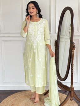 Gahan - Light Yellow Cotton Embroidered Regular Kurta and Pant with Dupatta