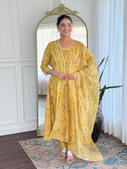 Gahan - Yellow Rayon Printed Anarkali Kurta and Pant with Dupatta