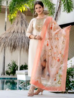 Gahan - Beige Reyon Embroidered Straight Kurta and Pant with Dupatta