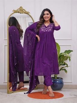 Gahan - Purple Reyon Embroidered Straight Kurta and Pant with Dupatta