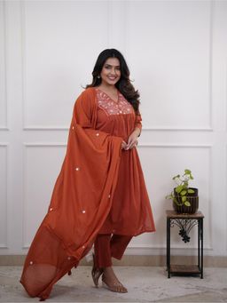 Gahan - Rust Reyon Embroidered Straight Kurta and Pant with Dupatta