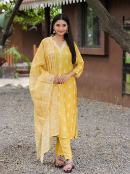 Gahan - Yellow Reyon Embroidered Straight Kurta and Pant with Dupatta