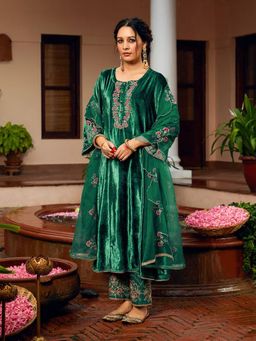 Gahan - Green Velvet Embroidered Anarkali Kurta and Pant with Dupatta