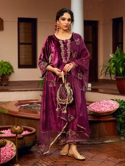 Gahan - Wine Velvet Embroidered Anarkali Kurta and Pant with Dupatta