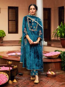 Gahan - Petrol Velvet Embroidered Fit and Flare Kurta and Pant with Dupatta