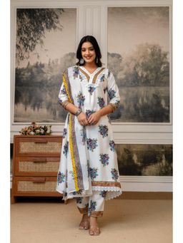 Gahan - White Cotton Printed Fit and Flare Kurta and Pant with Dupatta