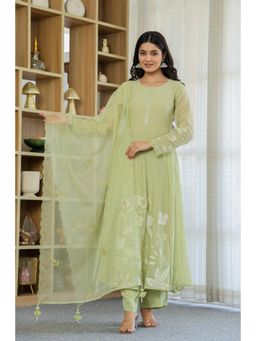 Gahan - Pista Chanderi Silk Embroidered Anarkali Kurta and Pant with Dupatta