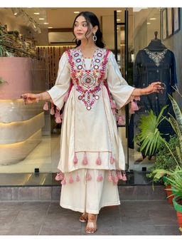Gahan - Cream Flax Cotton Embroidered Straight Kurta and Palazzo
