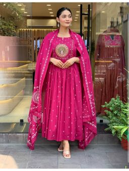 Gahan - Pink Cotton Embroidered Anarkali Kurta and Pant with Dupatta