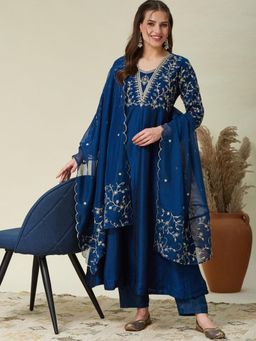Gahan - Blue Vicitra Silk Embroidered Fit and Flare Kurta and Pant with Dupatta