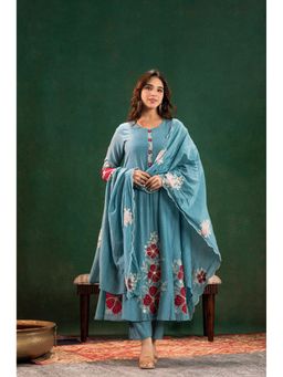 Gahan - Blue Chanderi Silk Embroidered Anarkali Kurta and Pant with Dupatta