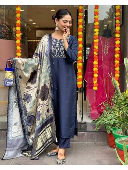 Gahan - Navy Blue Viscose Chanderi Embroidered Straight Kurta and Pant with Dupatta