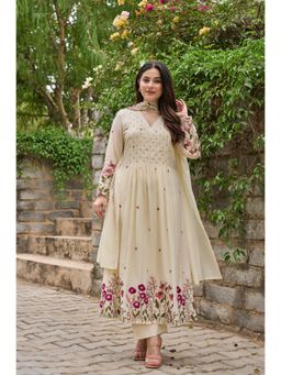 Gahan - Cream Chanderi Silk Embroidered Anarkali Kurta and Pant with Dupatta