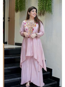 Gahan - Pink V-Neck Embroidered Fit and Flare Kurta and Palazzo