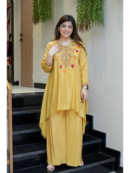 Gahan - Yellow French Crepe Embroidered Fit and Flare Kurta and Palazzo