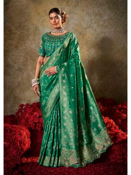 Gahan - Green Zari & Thread Embroidered Saree with Unstitched Blouse