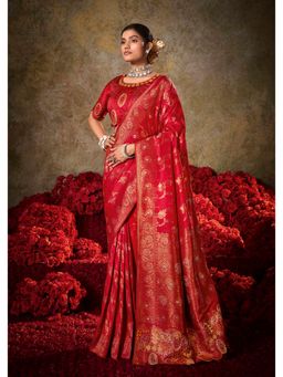 Gahan - Red Zari & Thread Embroidered Saree with Unstitched Blouse