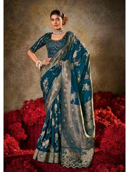 Gahan - Teal Zari & Thread Embroidered Saree with Unstitched Blouse