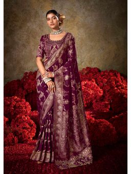 Gahan - Wine Zari & Thread Embroidered Saree with Unstitched Blouse