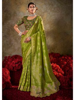 Gahan - Parrot Green Zari & Thread Embroidered Saree with Unstitched Blouse