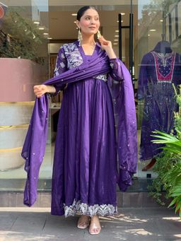 Gahan - Purple Roman Silk Embroidered Anarkali Kurta and Pant with Dupatta