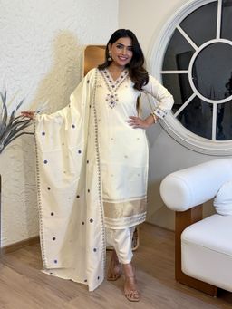 Gahan - Cream Viscose Silk Embroidered A-Line Kurta and Pant with Dupatta