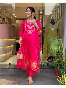 Gahan - Pink Viscose Silk Embroidered A-Line Kurta and Pant with Dupatta