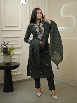 Gahan - Green Rayon Slub Embroidered A-Line Kurta and Pant with Dupatta