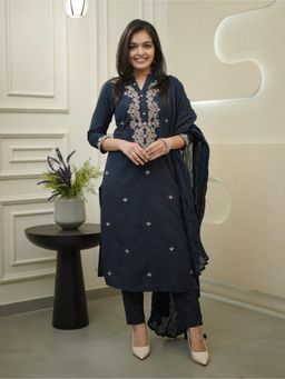 Gahan - Navy Blue Rayon Slub Embroidered A-Line Kurta and Pant with Dupatta