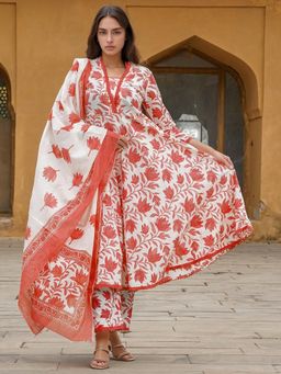 Gahan - Red Cotton Slub Printed Anarkali Kurta and Pant with Dupatta