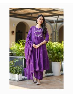 Gahan - Purple Rayon Slub Embroidered Anarkali Kurta and Pant with Dupatta