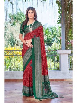 Gahan - Red Velvet Tussar Silk Bandhani Printed Saree with Unstitched Blouse