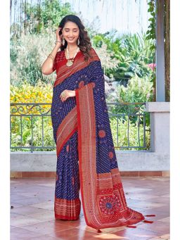 Gahan - Blue Velvet Tussar Silk Bandhani Printed Saree with Unstitched Blouse