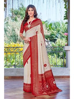 Gahan - White Velvet Tussar Silk Bandhani Printed Saree with Unstitched Blouse