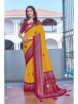 Gahan - Yellow Velvet Tussar Silk Bandhani Printed Saree with Unstitched Blouse