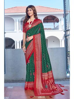 Gahan - Green Velvet Tussar Silk Bandhani Printed Saree with Unstitched Blouse