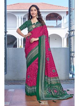Gahan - Pink Velvet Tussar Silk Bandhani Printed Saree with Unstitched Blouse