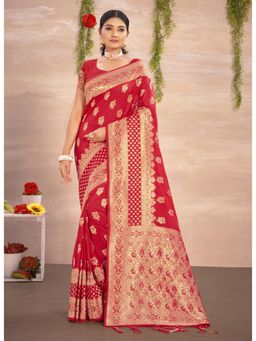 Sangam Prints - Red Silk Woven Zari Work Traditional Tassel Saree with Unstitched Blouse