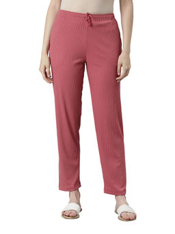 Go Colors - Women Solid Rusty Pink Mid Rise Casual Rib Pants