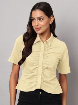 BRINNS - Women Relaxed Gathered Short Sleeves Cream Casual Shirt