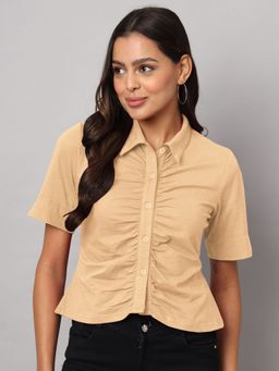 BRINNS - Women Relaxed Gathered Short Sleeves Beige Casual Shirt