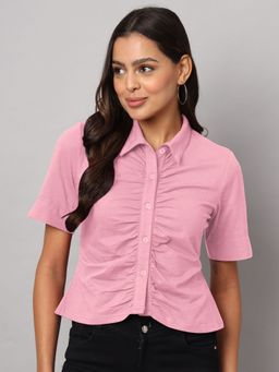 BRINNS - Women Relaxed Gathered Short Sleeves Pink Casual Shirt