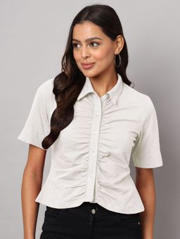 BRINNS - Women Relaxed Gathered Short Sleeves White Casual Shirt