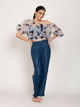 IKI CHIC - Bird Print Organza Balloon Top With Blue Straight Leg Pants And Tube Inner (Set of 3)