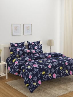 At Home by Nilkamal - Utopia Foliage Floral Double Bedsheet with 2 Pillow Covers (Navy Blue )