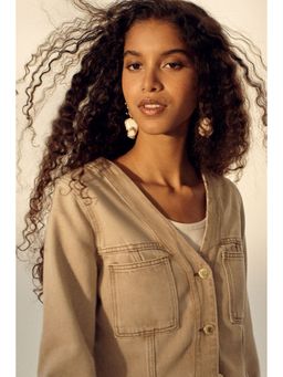 H&M - Women Beige Fitted Denim Jacket