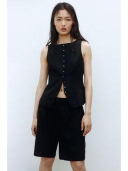 H&M - Women Black Linen-Blend Bermuda Shorts