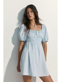 H&M - Women Blue Puff-sleeved poplin dress