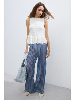 H&M - Women Blue Wide Hole-Knit Trousers
